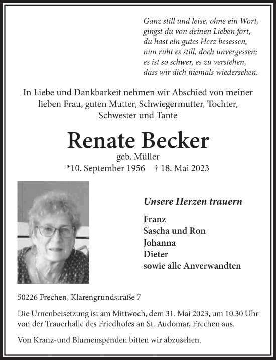 Anzeige von Renate Becker von  Wochenende 