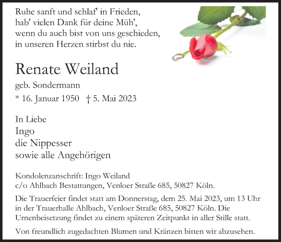 Anzeige von Renate Weiland von Kölner Stadt-Anzeiger / Kölnische Rundschau / Express