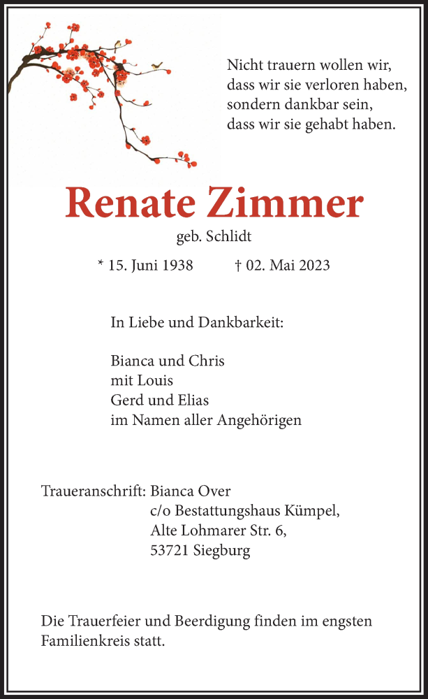  Traueranzeige für Renate Zimmer vom 12.05.2023 aus  Extra Blatt 