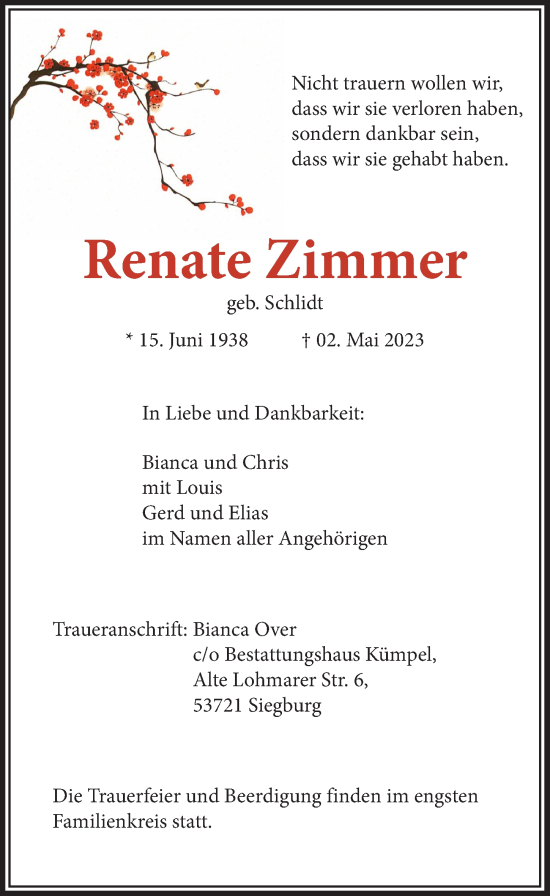 Anzeige von Renate Zimmer von  Extra Blatt 