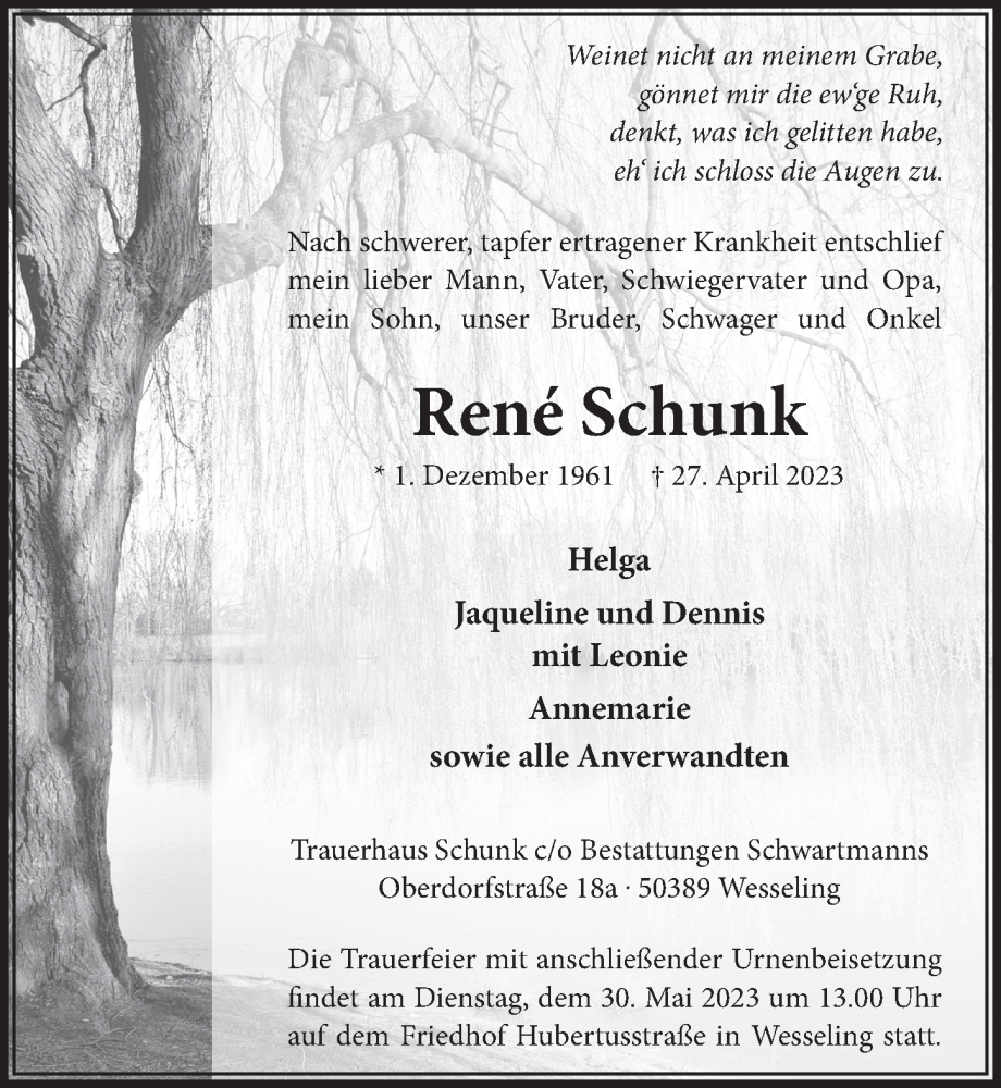  Traueranzeige für René Schunk vom 19.05.2023 aus  EXPRESS - Die Woche  Schlossbote/Werbekurier 