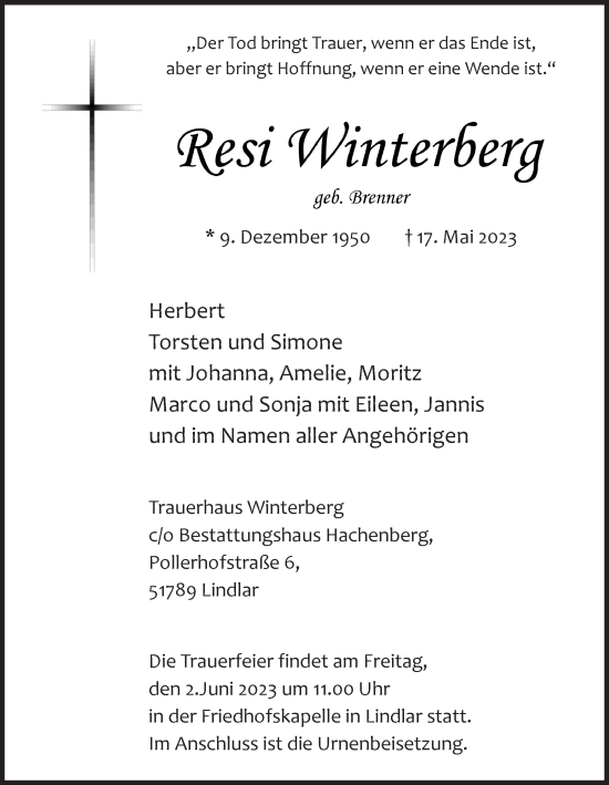 Anzeige von Resi Winterberg von  Anzeigen Echo 