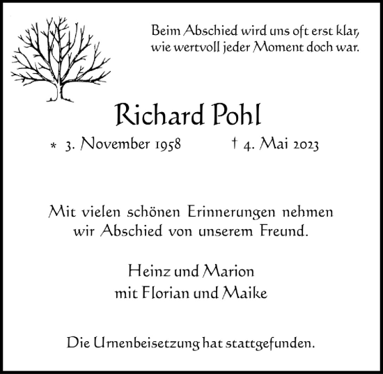 Anzeige von Richard Pohl von  Schlossbote/Werbekurier 