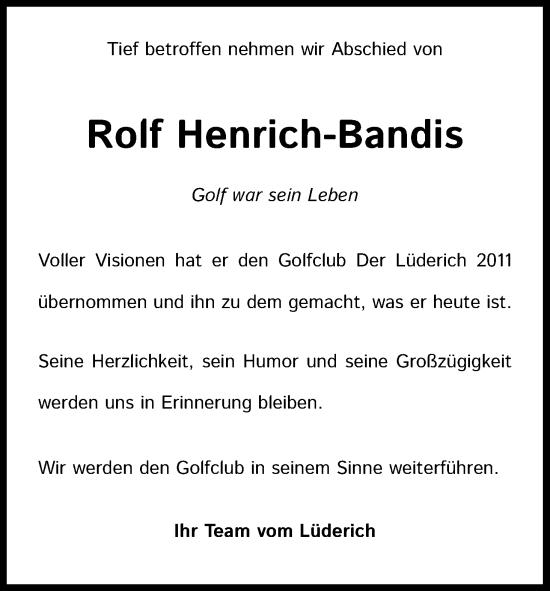 Anzeige von Rolf Henrich-Bandis von Kölner Stadt-Anzeiger / Kölnische Rundschau / Express