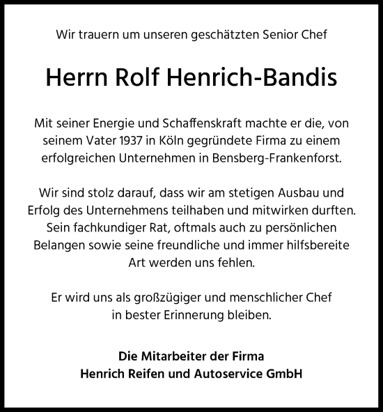 Anzeige von Rolf Henrich-Bandis von Kölner Stadt-Anzeiger / Kölnische Rundschau / Express