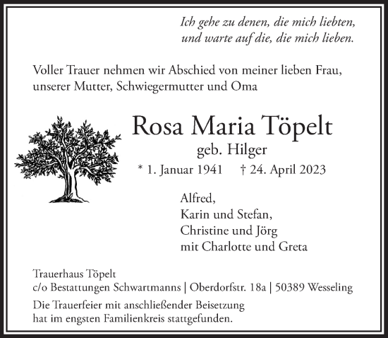 Anzeige von Rosa Maria Töpelt von  Schlossbote/Werbekurier 
