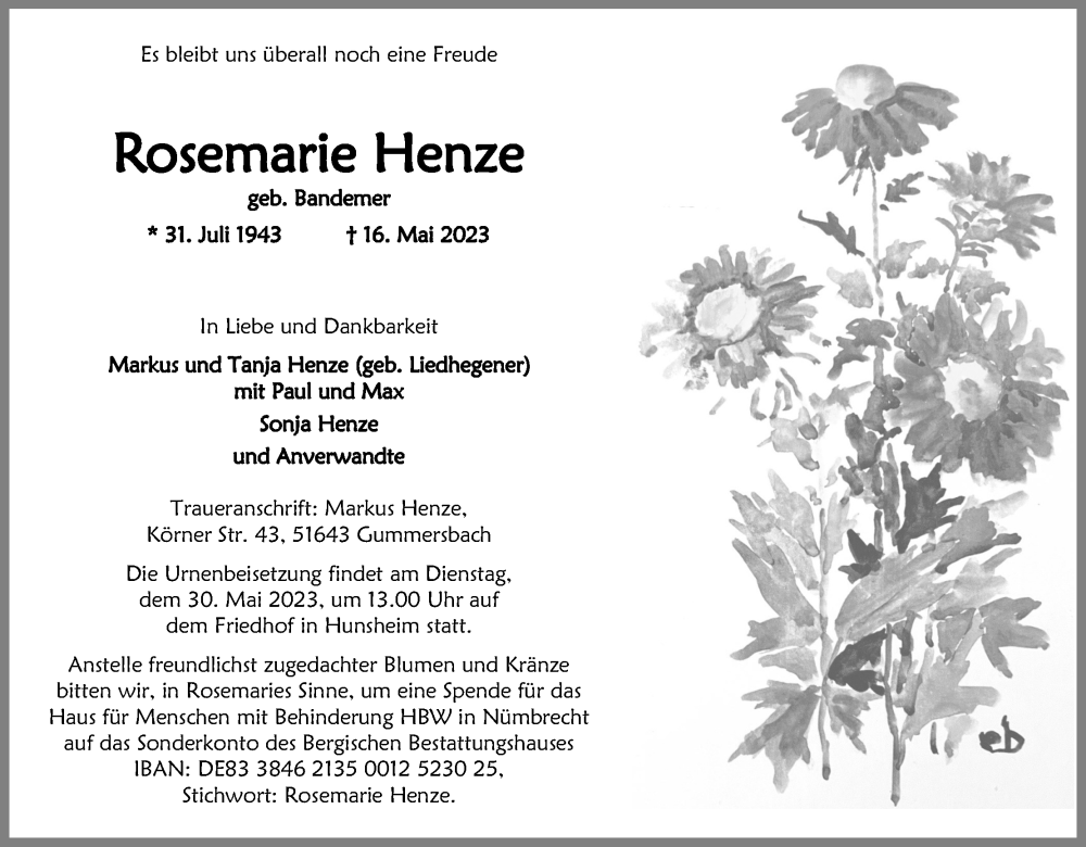  Traueranzeige für Rosemarie Henze vom 27.05.2023 aus Kölner Stadt-Anzeiger / Kölnische Rundschau / Express