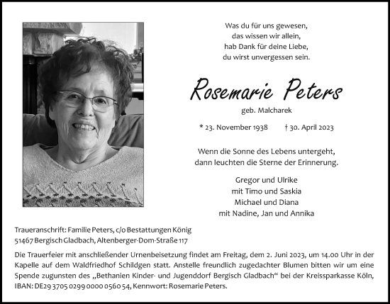 Anzeige von Rosemarie Peters von Kölner Stadt-Anzeiger / Kölnische Rundschau / Express