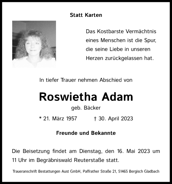 Anzeige von Roswietha Adam von Kölner Stadt-Anzeiger / Kölnische Rundschau / Express