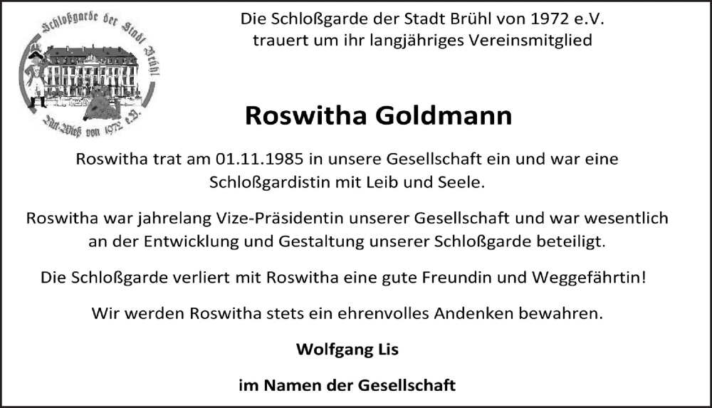  Traueranzeige für Roswitha Goldmann vom 26.05.2023 aus  Schlossbote/Werbekurier 