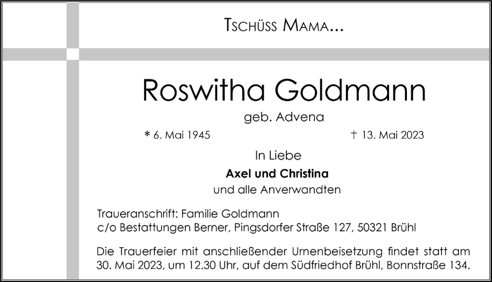  Traueranzeige für Roswitha Goldmann vom 19.05.2023 aus  Schlossbote/Werbekurier 