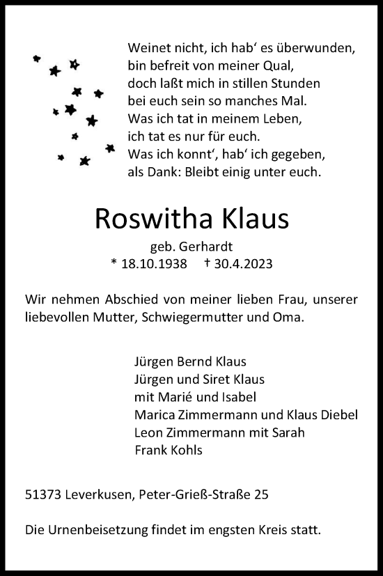 Anzeige von Roswitha Klaus von Kölner Stadt-Anzeiger / Kölnische Rundschau / Express