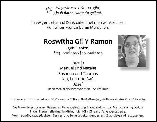 Anzeige von Roswitha Gil Y Ramon von Kölner Stadt-Anzeiger / Kölnische Rundschau / Express