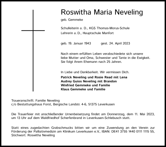 Anzeige von Roswitha Maria Neveling von Kölner Stadt-Anzeiger / Kölnische Rundschau / Express