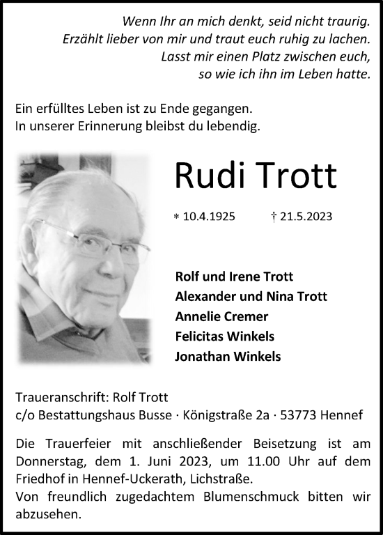 Anzeige von Rudi Trott von Kölner Stadt-Anzeiger / Kölnische Rundschau / Express