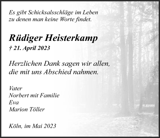 Anzeige von Rüdiger Heisterkamp von Kölner Stadt-Anzeiger / Kölnische Rundschau / Express