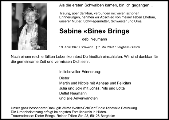 Anzeige von Sabine Brings von Kölner Stadt-Anzeiger / Kölnische Rundschau / Express
