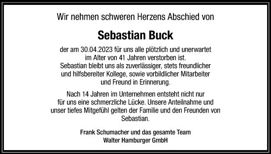 Anzeige von Sebastian Buck von Kölner Stadt-Anzeiger / Kölnische Rundschau / Express