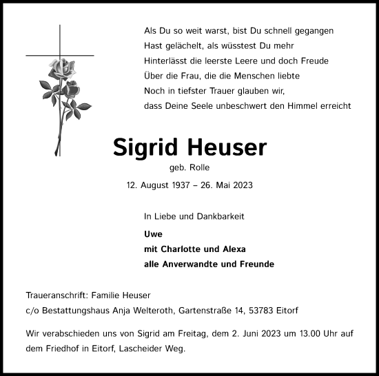 Anzeige von Sigrid Heuser von Kölner Stadt-Anzeiger / Kölnische Rundschau / Express