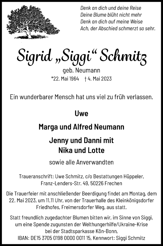 Anzeige von Sigrid Schmitz von Kölner Stadt-Anzeiger / Kölnische Rundschau / Express