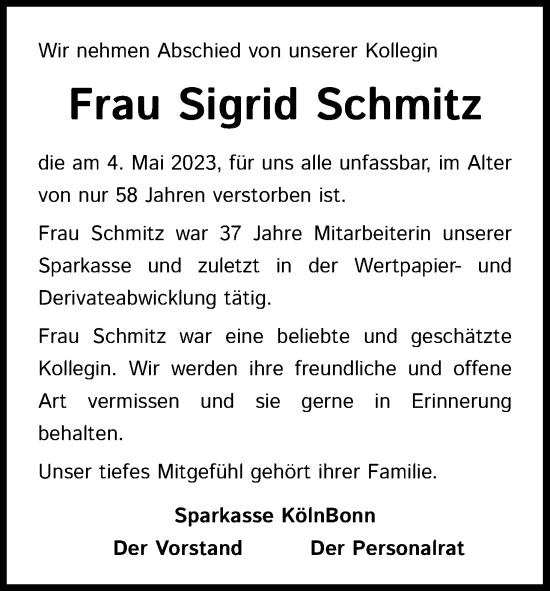 Anzeige von Sigrid Schmitz von Kölner Stadt-Anzeiger / Kölnische Rundschau / Express