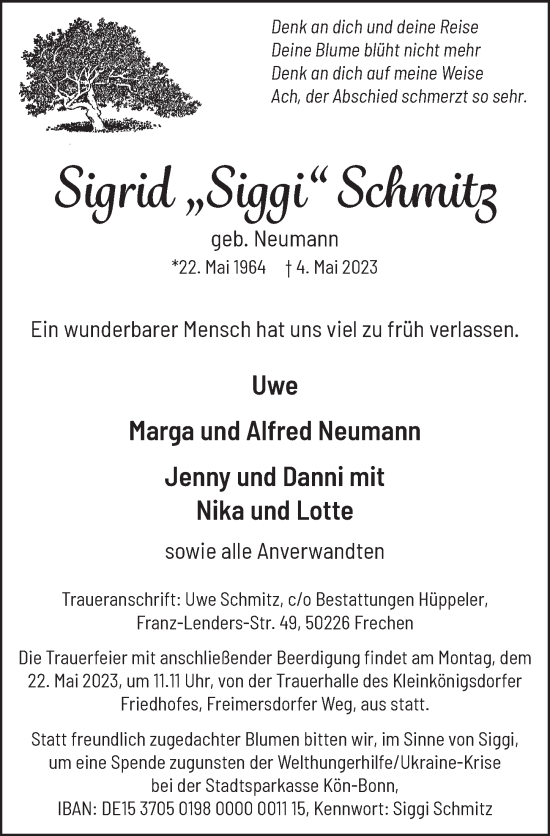 Anzeige von Sigrid Schmitz von  Wochenende 