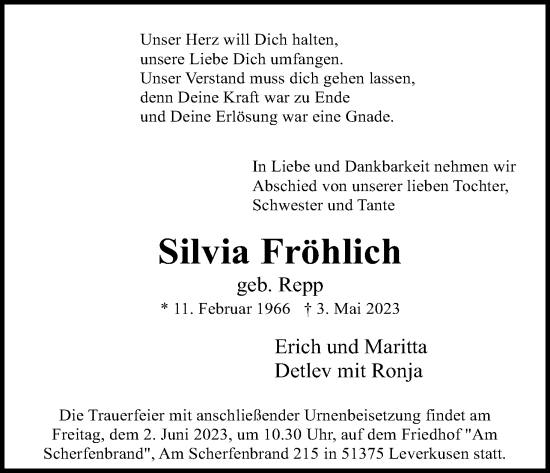 Anzeige von Silvia Fröhlich von Kölner Stadt-Anzeiger / Kölnische Rundschau / Express