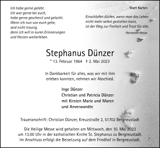 Anzeige von Stephanus Dünzer von Kölner Stadt-Anzeiger / Kölnische Rundschau / Express