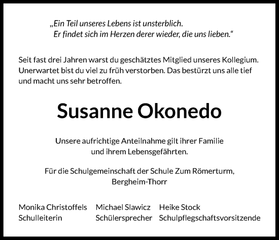 Anzeige von Susanne Okonedo von Kölner Stadt-Anzeiger / Kölnische Rundschau / Express