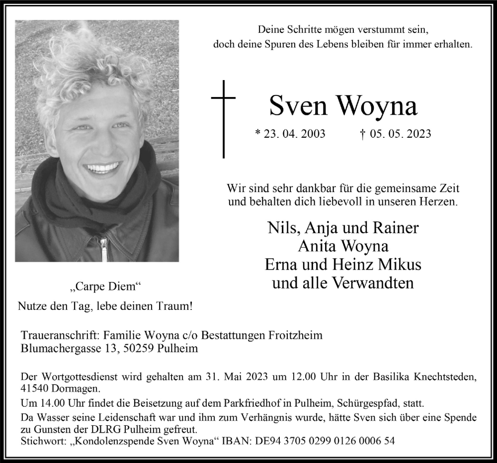  Traueranzeige für Sven Woyna vom 26.05.2023 aus  Wochenende 