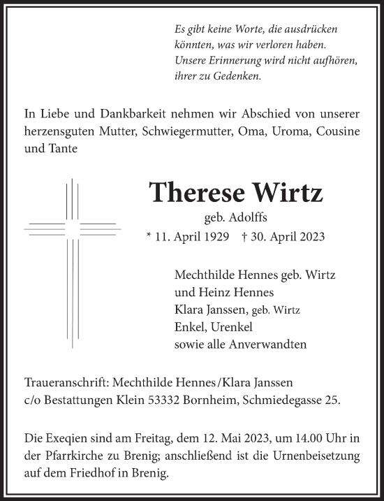 Anzeige von Therese Wirtz von  Schaufenster/Blickpunkt 