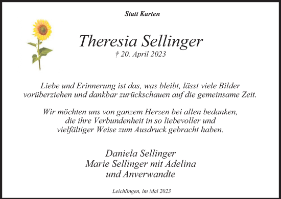Anzeige von Theresia Sellinger von Kölner Stadt-Anzeiger / Kölnische Rundschau / Express