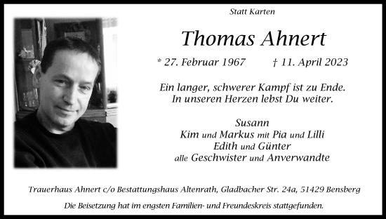 Anzeige von Thomas Ahnert von Kölner Stadt-Anzeiger / Kölnische Rundschau / Express