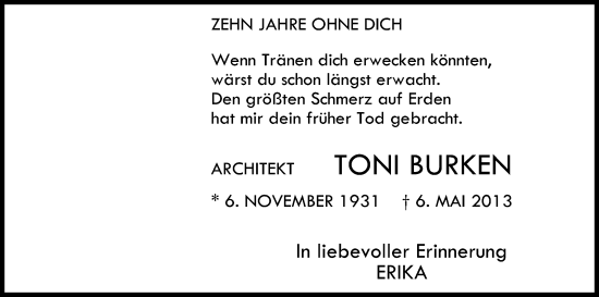 Anzeige von Toni Burken von Kölner Stadt-Anzeiger / Kölnische Rundschau / Express