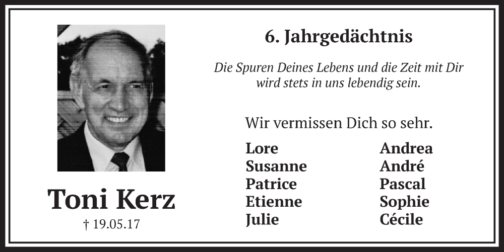  Traueranzeige für Toni Kerz vom 18.07.2023 aus  Schlossbote/Werbekurier 