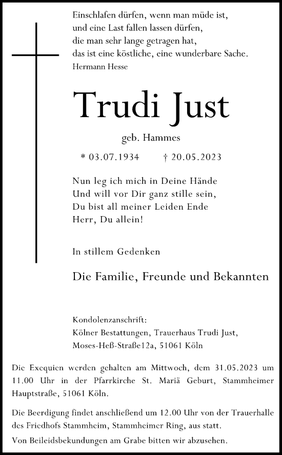 Anzeige von Trudi Just von Kölner Stadt-Anzeiger / Kölnische Rundschau / Express