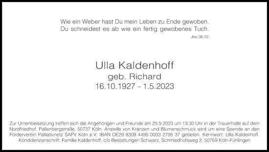 Anzeige von Ulla Kaldenhoff von Kölner Stadt-Anzeiger / Kölnische Rundschau / Express