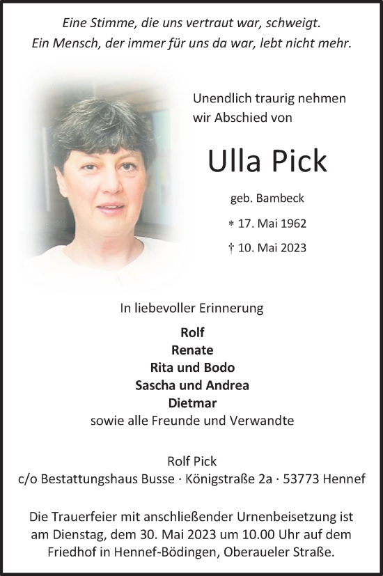 Anzeige von Ulla Pick von Kölner Stadt-Anzeiger / Kölnische Rundschau / Express