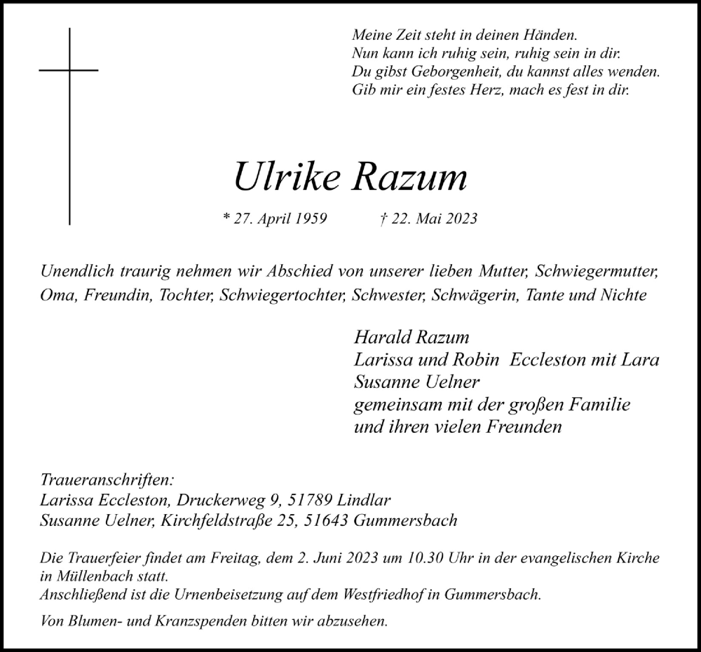  Traueranzeige für Ulrike Razum vom 26.05.2023 aus  Anzeigen Echo 
