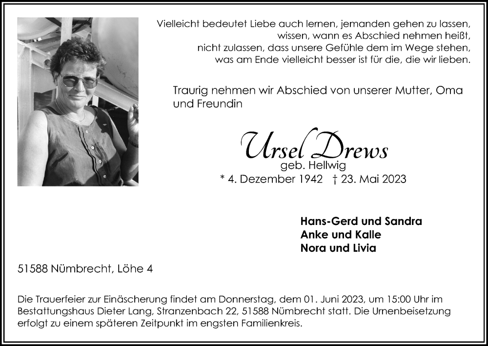  Traueranzeige für Ursel Drews vom 27.05.2023 aus Kölner Stadt-Anzeiger / Kölnische Rundschau / Express