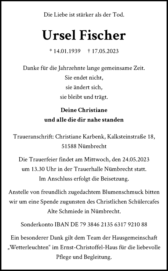 Anzeige von Ursel Fischer von Kölner Stadt-Anzeiger / Kölnische Rundschau / Express