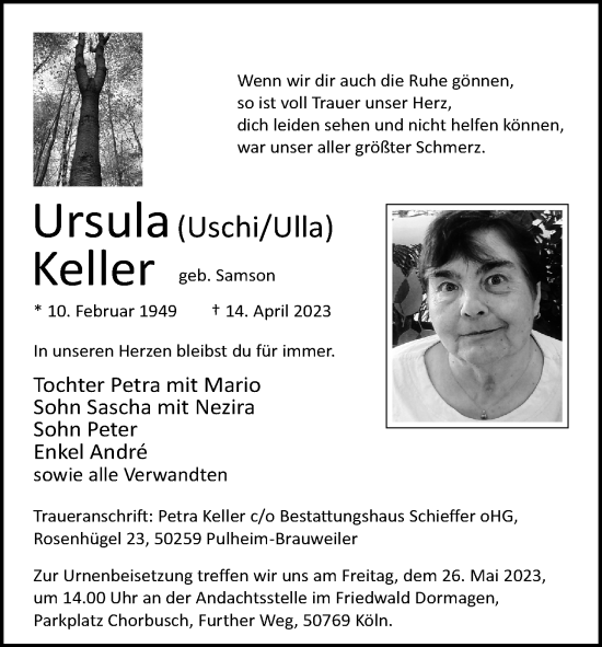 Anzeige von Ursula Keller von Kölner Stadt-Anzeiger / Kölnische Rundschau / Express