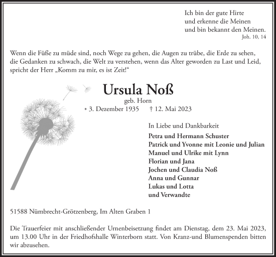 Anzeige von Ursula Noß von  Lokalanzeiger 