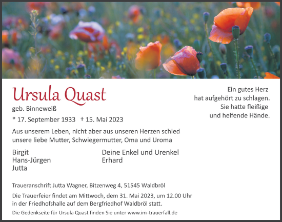 Anzeige von Ursula Ouast von  Lokalanzeiger 