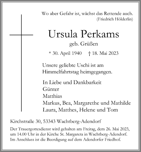 Anzeige von Ursula Perkams von Kölner Stadt-Anzeiger / Kölnische Rundschau / Express