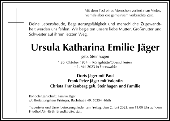 Anzeige von Ursula Katharina Emilie Jäger von Kölner Stadt-Anzeiger / Kölnische Rundschau / Express