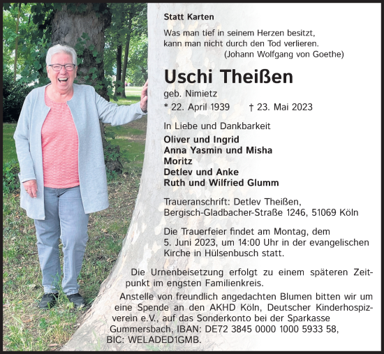 Anzeige von Uschi Theißen von Kölner Stadt-Anzeiger / Kölnische Rundschau / Express