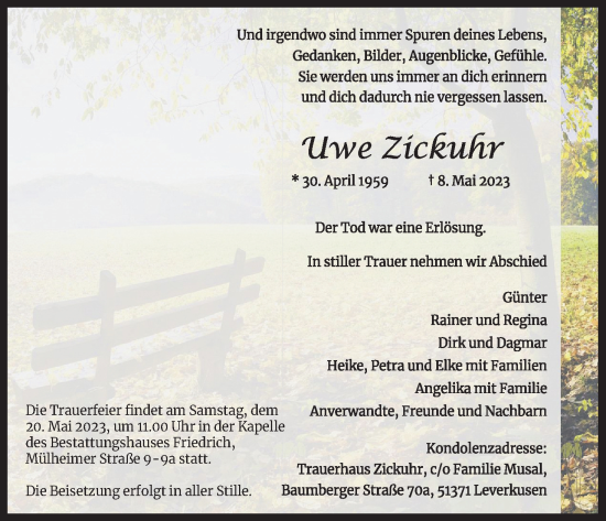 Anzeige von Uwe Zickuhr von Kölner Stadt-Anzeiger / Kölnische Rundschau / Express