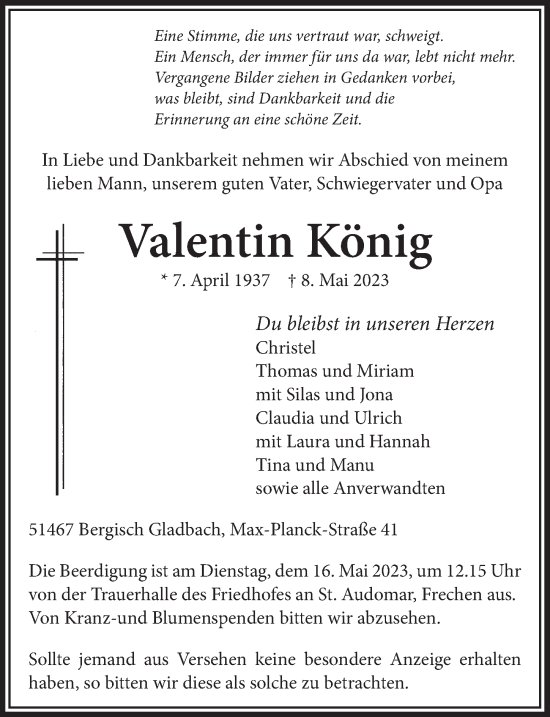 Anzeige von Valentin König von  Bergisches Handelsblatt 
