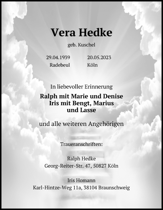 Anzeige von Vera Hedke von Kölner Stadt-Anzeiger / Kölnische Rundschau / Express